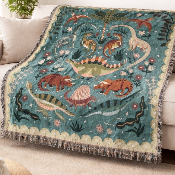 Woven Dinosaur Throw Blanket 50x60 Cotton Tapestry Fringe